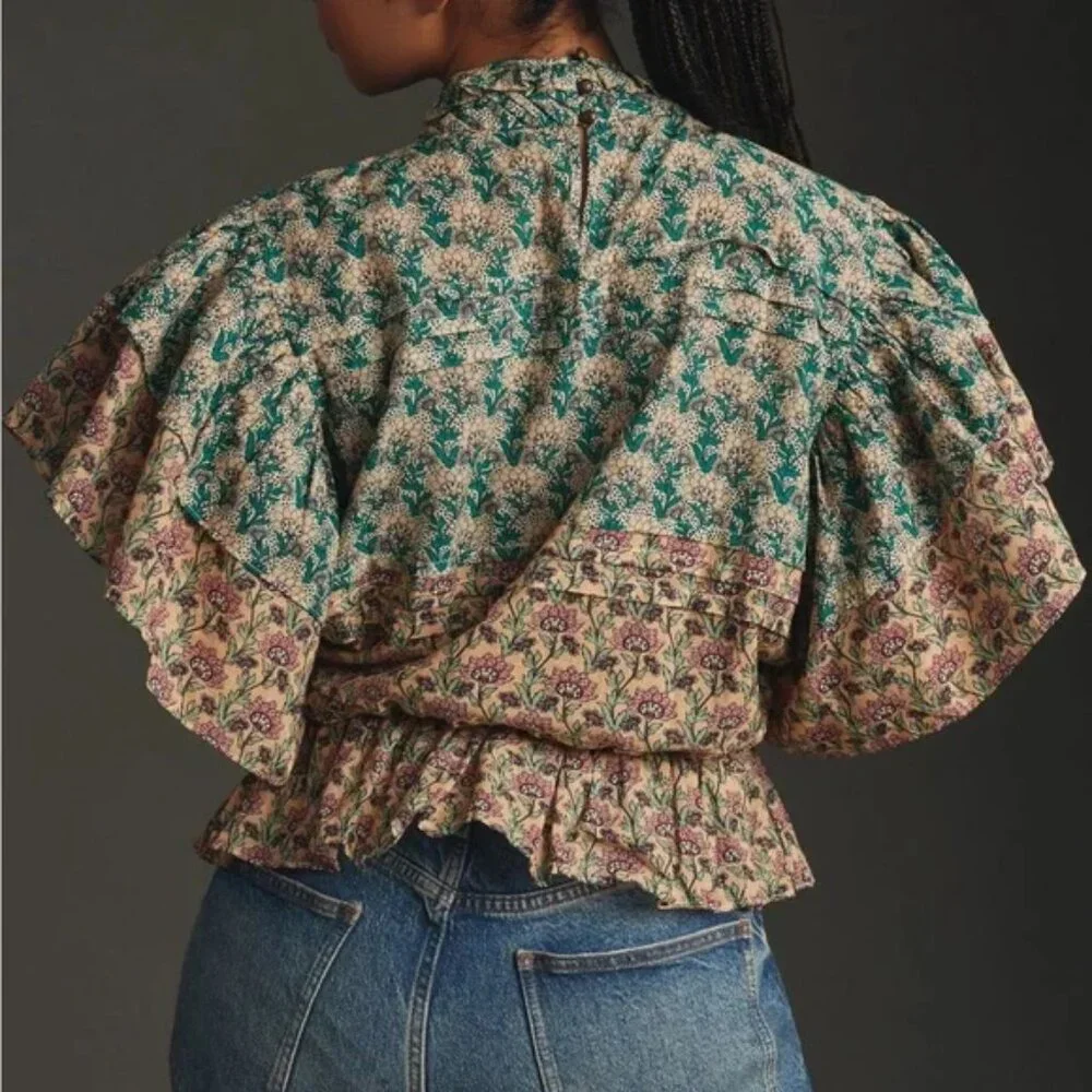 014 Anthropologie Let Me Be High Neck Printed Peasant Blouse NWOT Size XXS - Picture 7 of 14